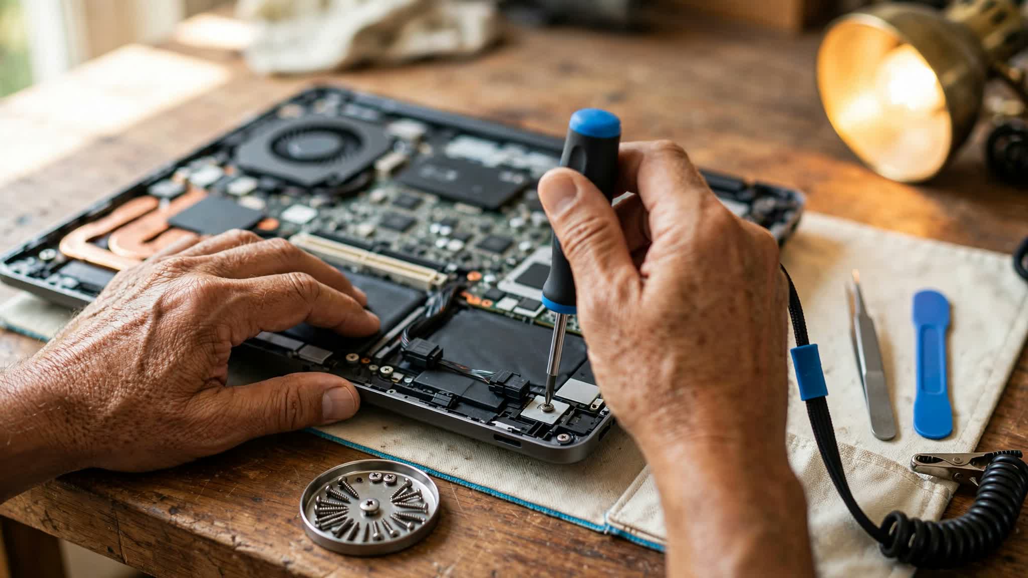 Technician's hands repairing a laptop at the workbench