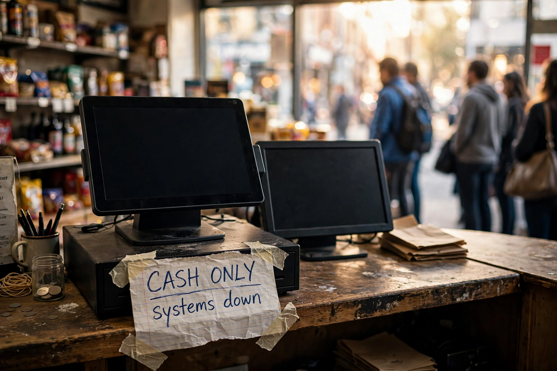 Dead business computer with cash-only sign
