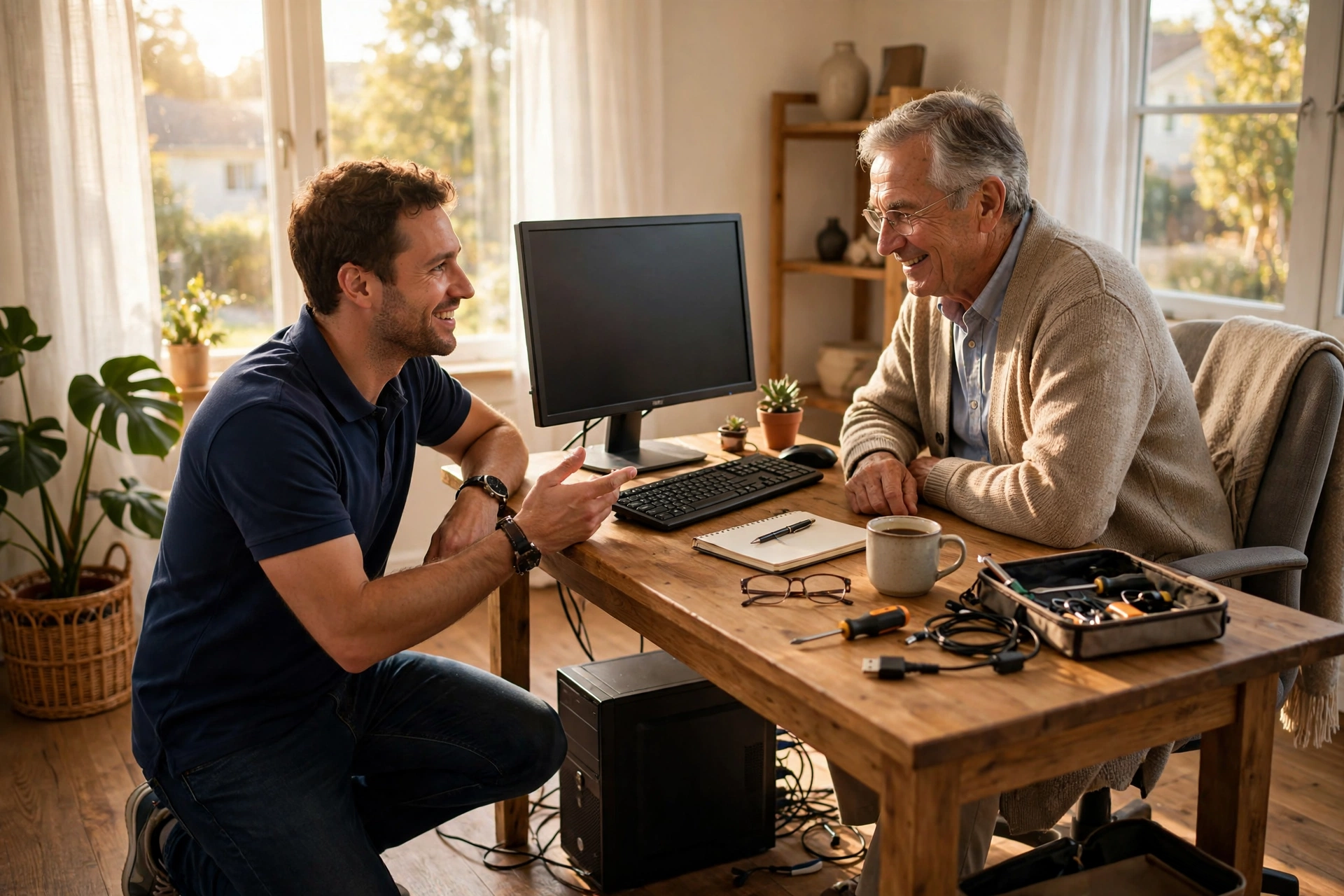 Technician helping a customer at home